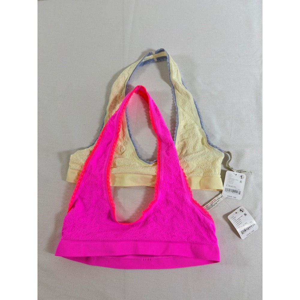 Free People Halter Bralette Large XL Pink Yellow NEW 2 Pack Lace Seamless Set